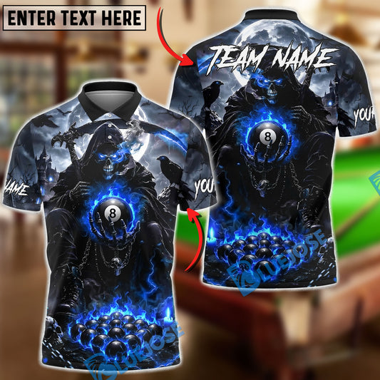 BlueJose Billiards 8 Ball Moonnight Grim Reaper Flaming Ball Personalized Name Shirt (4 Colors)