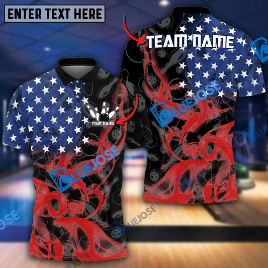 BlueJoses Bowling And Pins Smoke American Flag Customized Name, Team Name 3D Shirt