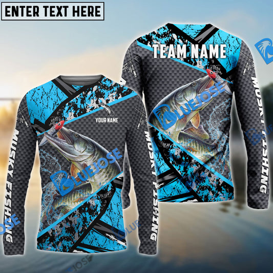 Bluejose Musky Fishing Blue Camo 2 Sport Custom Name & Team Name 3D Shirts