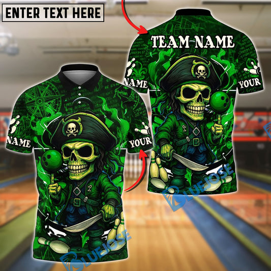 BlueJose Bowling And Pins Pirate Captain Skeleton Design Customized Name, Team Name 3D Shirt (4 Colors)
