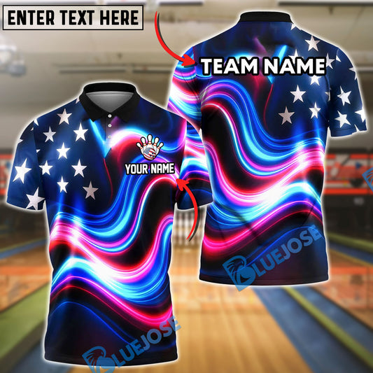 BlueJose Bowling And Pins American Flag Watercolor Customized Name, Team Name 3D Shirt