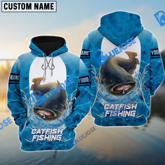 BlueJose Customize Name Catfish Fishing Blue Wave 3D Shirts