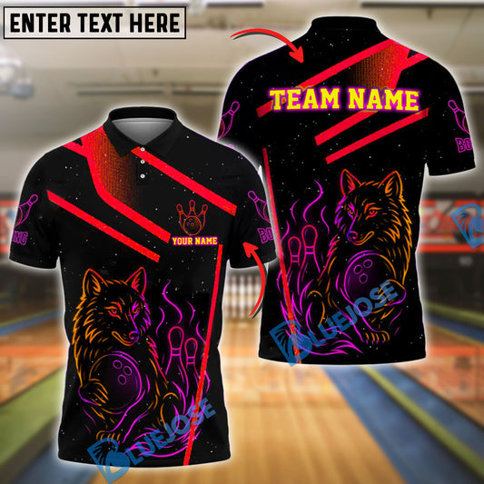 BlueJose Bowling Neon Wolf Flame Strike Customized Name, Team Name 3D Shirt (4 Colors)