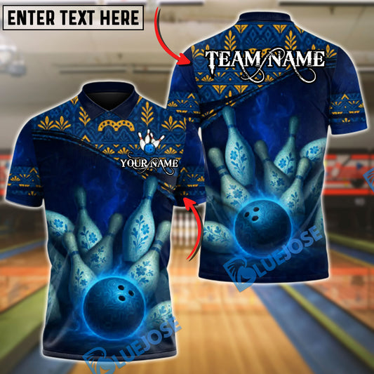 BlueJose Bowling And Pins Ethnic Pattern Customized Name, Team Name 3D Shirt (4 Colors)