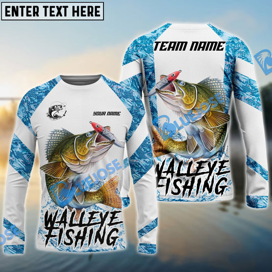 Bluejose Walleye Fishing Blue Camo White Pattern Sport Custom Name & Team Name 3D Shirts