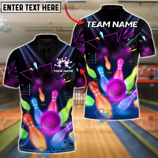 BlueJose Bowling And Pins Neon Floor Customized Name, Team Name 3D Shirt