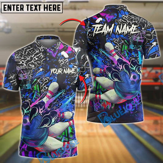 BlueJose Bowling Graffiti Claw Strike Customized Name, Team Name 3D Shirt (4 Colors)
