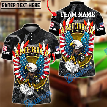 BlueJose Billiards 8-Ball American Eagle Glory Wings Design Personalized Name, Team Name Unisex Shirt (6 Colors)