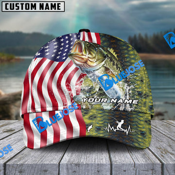 BlueJose Personalized Large Mouth Bass Skin American Flag Fishing Classic Cap