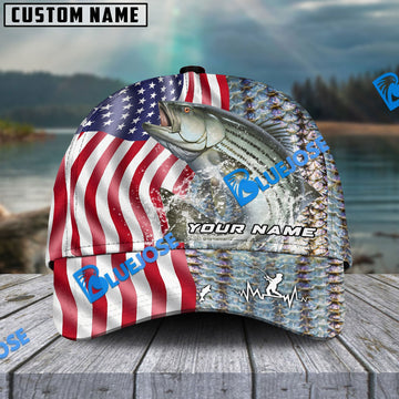 BlueJose Personalized Striped Bass Skin American Flag Fishing Classic Cap