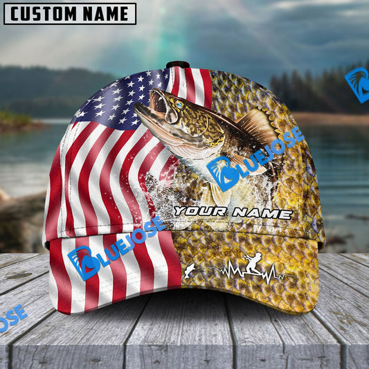 BlueJose Personalized Walleye Skin American Flag Fishing Classic Cap