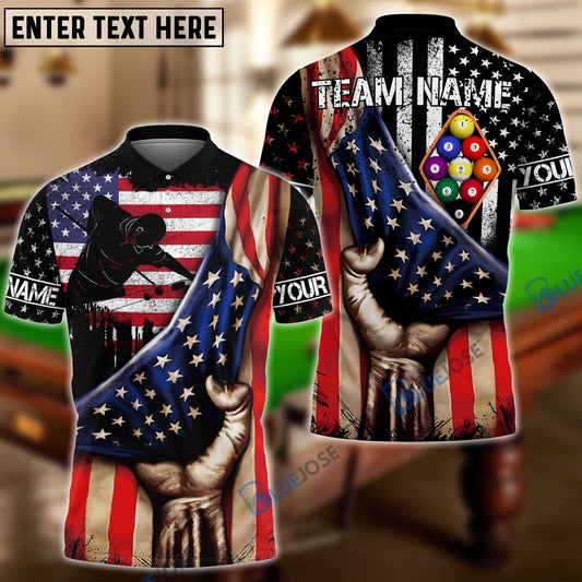 BlueJose Billiards American Flag 9 Ball Player Personalized Name, Team Name Shirt