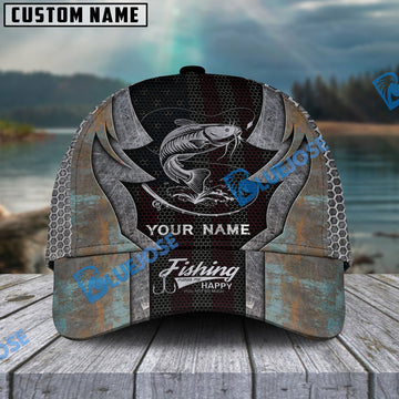 BlueJose Personalized Catfish Fishing American Flag Rusty Metal Pattern Classic Cap