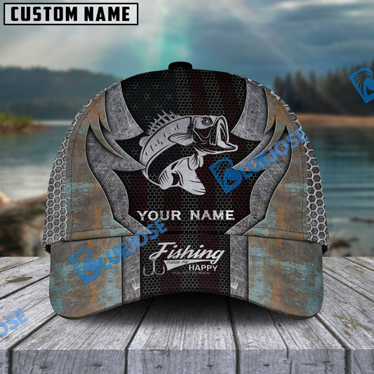 BlueJose Personalized Large Mouth Bass Fishing American Flag Rusty Metal Pattern Classic Cap