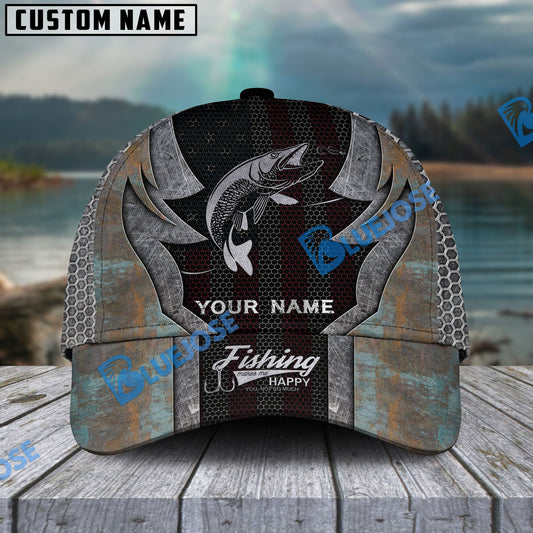 BlueJose Personalized Musky Fishing American Flag Rusty Metal Pattern Classic Cap