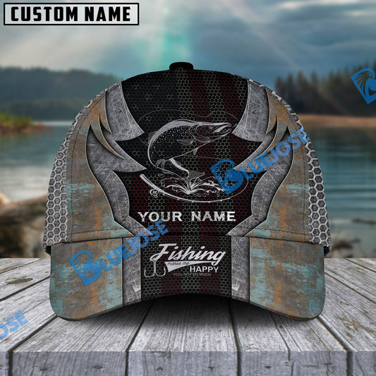 BlueJose Personalized Salmon Fishing American Flag Rusty Metal Pattern Classic Cap