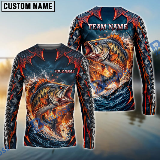 BlueJose Fishing Black Red Camo Monster Fang Bass Fire Wave Design Custom Name & Team Name 3D Shirts (12 Breeds)
