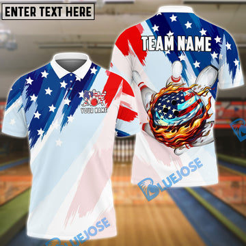 BlueJose Bowling And Pins American Flag Flame Personalized Name 3D Shirts