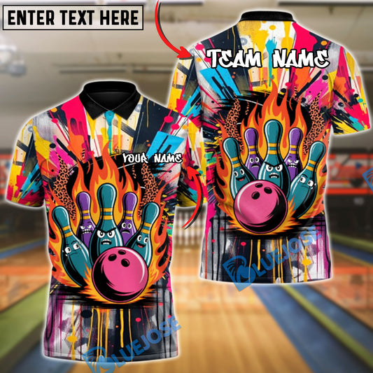 BlueJose Bowling Flaming Squad Graffiti Color Burst Personalized Name, Team Name 3D Shirt