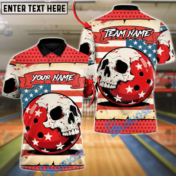 BlueJose Bowling American Skull Bowling Retro Patriot Edition Personalized Name, Team Name 3D Shirt