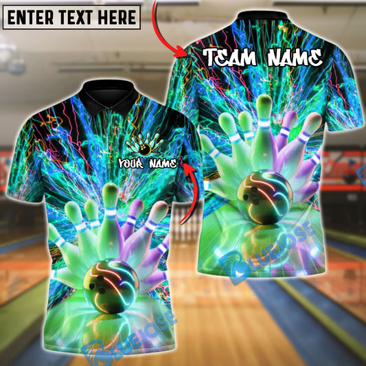 BlueJose Bowling & Pins Neon Thunder Warrior Customized Name, Team Name 3D Shirt (4 Colors)