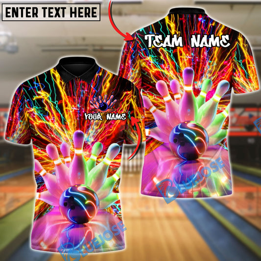 BlueJose Bowling & Pins Neon Thunder Warrior Customized Name, Team Name 3D Shirt (4 Colors)