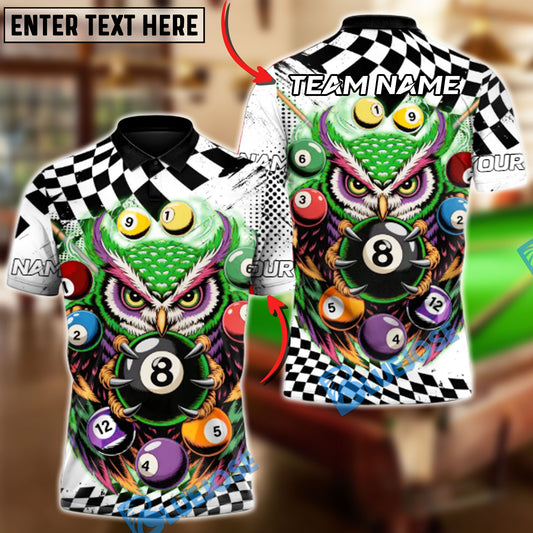 BlueJose Billiards 8-Ball Mystic Owl Customized Name, Team Name 3D Shirt (4 Colors)