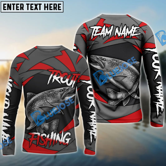 Bluejose Trout Fishing Red Gray Spinning Pattern Custom Name & Team Name 3D Shirts