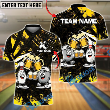 BlueJose Bowling And Pins Funny Beer & Bowling Pins Cartoon Design Customized Name, Team Name 3D Shirt (6 Colors)