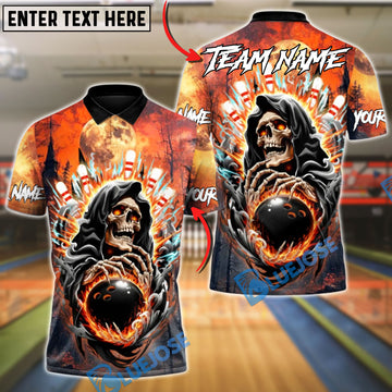 BlueJose Bowling & Pins Reaper Flame Moon Strike Customized Name, Team Name 3D Shirt (4 Colors)