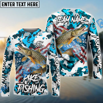 Bluejose Pike Fishing American Flag Light Blue Camo Custom Name & Team Name 3D Shirts