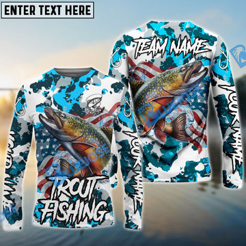 Bluejose Trout Fishing American Flag Light Blue Camo Custom Name & Team Name 3D Shirts