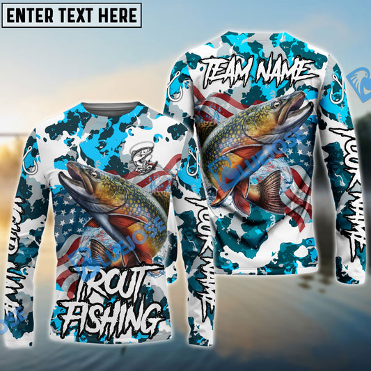 Bluejose Trout Fishing American Flag Light Blue Camo Custom Name & Team Name 3D Shirts