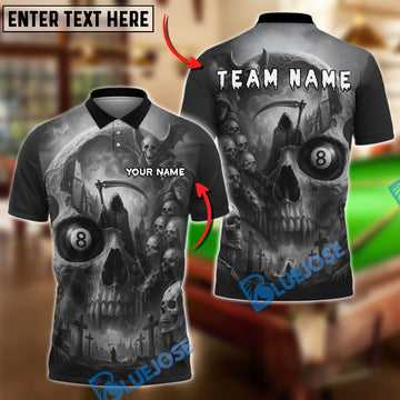 BlueJose Billiards 8-Ball Grim Reaper Skull Cemetery Personalized Name, Team Name Unisex Shirt