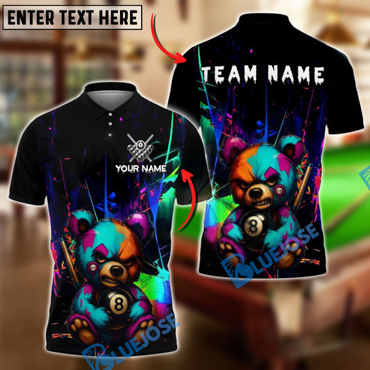 BlueJose Billiards 8-Ball Colorful Angry Teddy Bear Personalized Name, Team Name Unisex Shirt