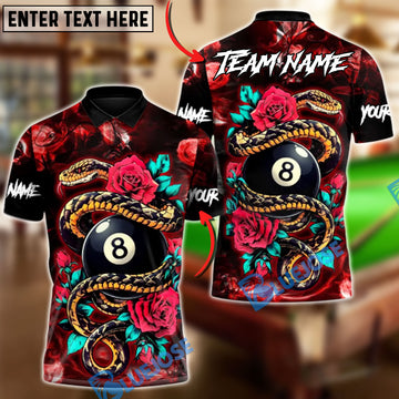BlueJose Billiards  8-Ball Rose Crimson Serpent Customized Name, Team Name 3D Shirt (4 Colors)
