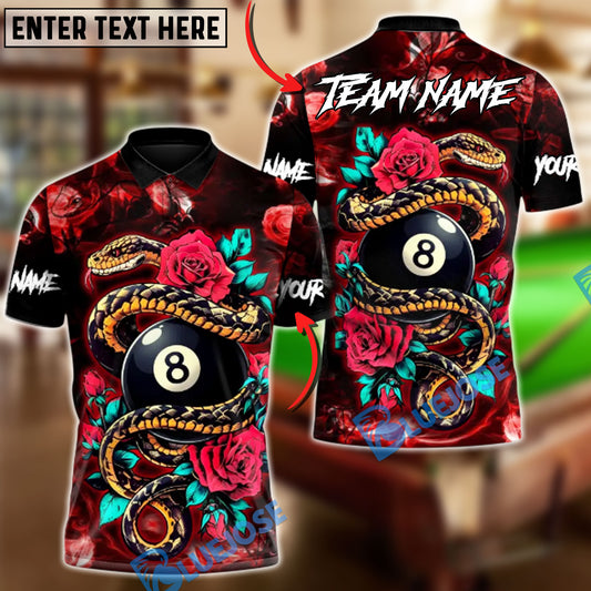 BlueJose Billiards  8-Ball Rose Crimson Serpent Customized Name, Team Name 3D Shirt (4 Colors)