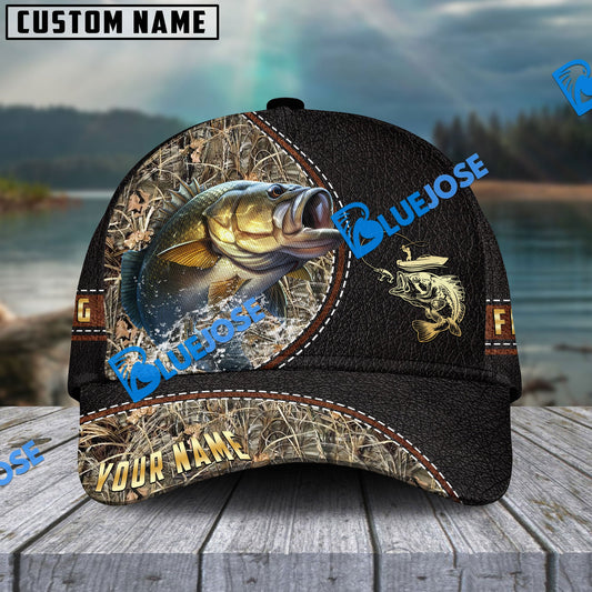 BlueJose Personalized Bass Black Leather Camo Pattern Fishing Classic Cap