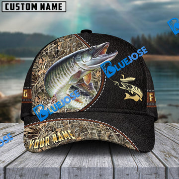 BlueJose Personalized Musky Black Leather Camo Pattern Fishing Classic Cap