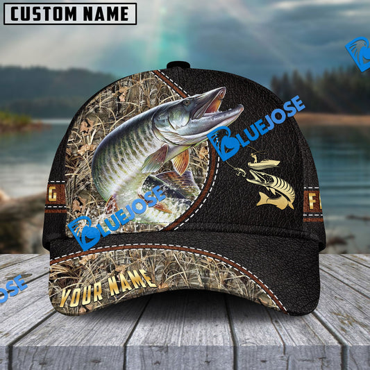 BlueJose Personalized Musky Black Leather Camo Pattern Fishing Classic Cap