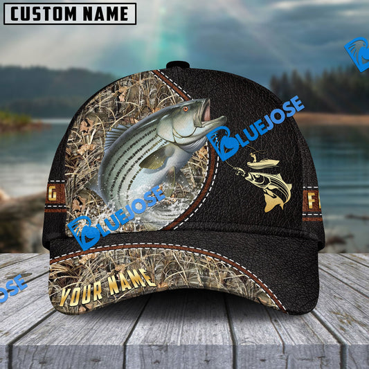 BlueJose Personalized Striped Bass Black Leather Camo Pattern Fishing Classic Cap