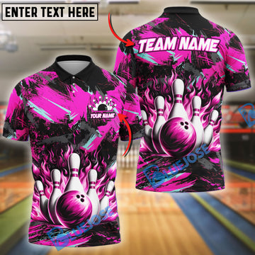 BlueJose Bowling And Pins Neon Flame Customized Name 3D Shirt (4 Colors)