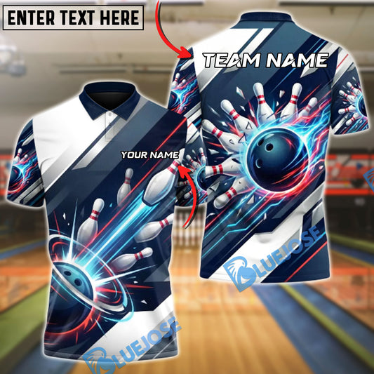 BlueJose Bowling & Pins High-Speed Strike Customized Name, Team Name 3D Shirt (4 Colors)