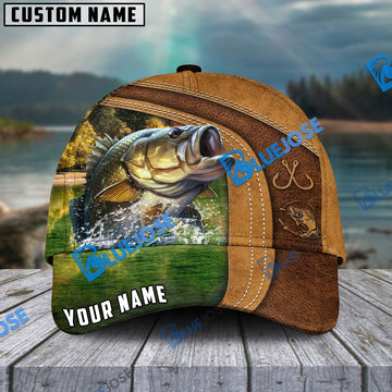 BlueJose Personalized Large Mouth Bass Fishing Leather Pattern Classic Cap