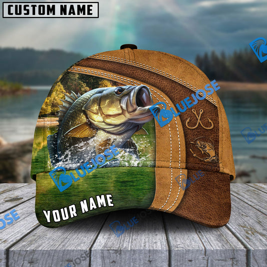 BlueJose Personalized Large Mouth Bass Fishing Leather Pattern Classic Cap