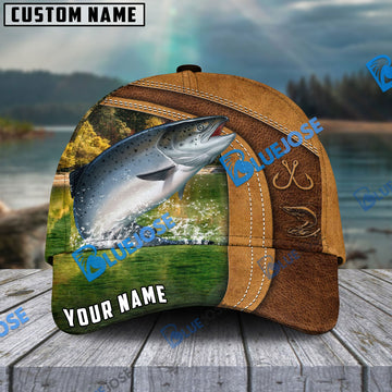 BlueJose Personalized Salmon Fishing Leather Pattern Classic Cap