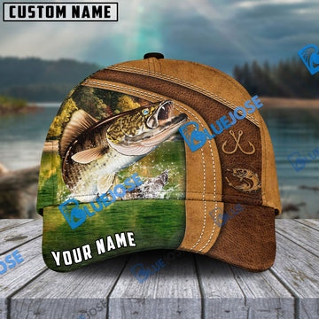 BlueJose Personalized Walleye Fishing Leather Pattern Classic Cap