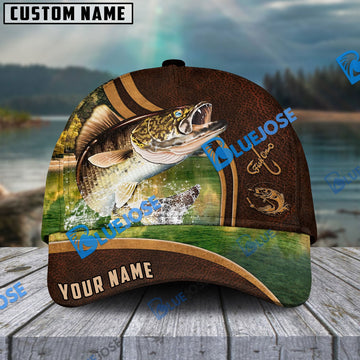 BlueJose Personalized Walleye Fishing Heavy Brown Leather Pattern Classic Cap