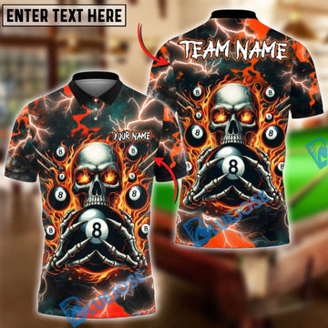 BlueJose Billiards Ball 8 Pool Skull Fire Thunder Personalized Name & Team Name Shirt (4 Colors)