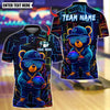 BlueJose Bowling And Pins Neon Graffiti Teddy Bear Design Customized Name, Team Name 3D Shirt (4 Colors)